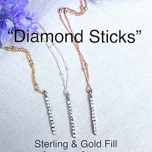 Sale Sterling &quot;Diamond Stick&quot; CZ 18&quot; Necklace,  Sale Tiny CZ Vertical Bar Necklace Satellite Chain, Birthday, Petite Layering Necklace