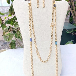 Set of Gold Layering Chains and Chain Earring, Gold Gem Station Chain, Toggle Chain & Earring Set, Set of Two Gold Chains and Chain Earring