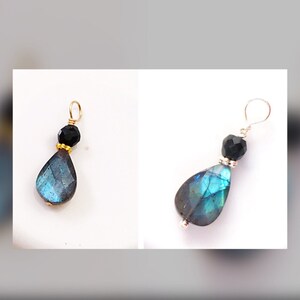 Verwisselbare blauwe labradoriet met zwarte Spinel oorbel hoepel charme, blauwe labradoriet hoepel charme, labradoriet ketting drop, Huggie charme