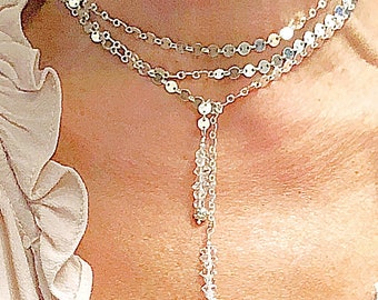 AAA Herkimer Diamond 42" Sterling Coin Chain Lariat,  Herkimer Diamond Sterling Mini Coin Lariat, Herkimer Diamond Lariat/Choker