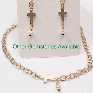 Matte Gold Cross Dangle Earring, Sideways Cross Necklace Dangling Gemstone, Sideways Cross Necklace or Gold Cross Anklet w/Dangle Gem image 1
