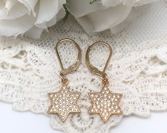 Pave Star of David Gold Earrings, Jewish Star Gold CZ Earrings, Pave CZ Jewish Star Earrings, Gold CZ Jewish Star Studs, Jewish Jewelry