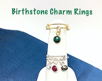 Birthstone Charm Rings in Silver or Gold, Dangling Birthstone Charms Adjustable Ring, Interchangeable Birthstone Ring, Dainty Charm Ring