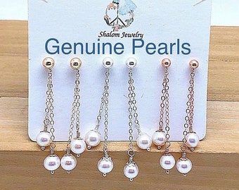 Boucles d'oreilles pendantes chaîne de deux perles, Boucles d'oreilles pendantes fines chaîne de deux perles, Boucles d'oreilles chaîne de perles, Boucles d'oreilles chaîne de deux perles blanches