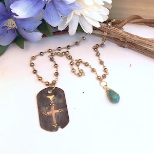 Cross and Heart Turquoise  Dog Tag Necklace, Pyrite Hand Wired Necklace with Cross Pendant, Heart and Cross Necklace, Religious Jewelry