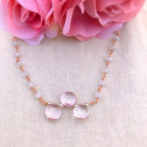 Rose Quartz on Rainbow Moonstone Necklace, Rose Quartz Choker, Minimalist Pink Rose Quartz Necklace, Rose Quartz Briolette Choker