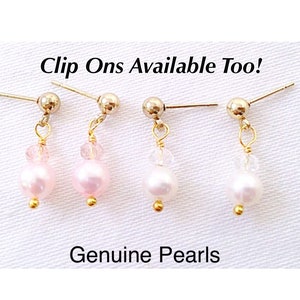 Child to Adult White or Pink Pearl Stud Earring Dangle, Pink Pearl Stud Dangle Earring, Flower Girl Pearl Stud Earring, Clip On Pearl Dangle
