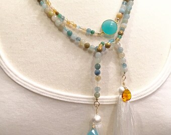 Aqua Open Tie Quaste Lariat, Zurück Halskette, Aqua Chalcedon, echte Edelsteine. Handarbeit. 72", Aqua Chalcedon Quaste Open Tie Lariat