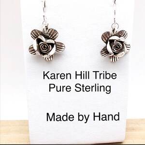 Karen Hill Tribe Sterling Silver Rose Dangle Earrings, Earrings for the Gardener, Sterling Rose Earrings, Hand Made Sterling Rose Necklace