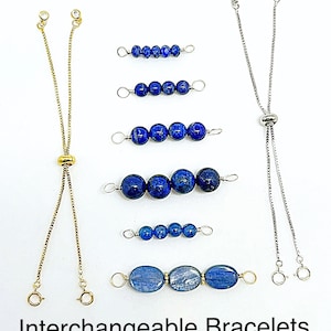 Interchangeable Lapis or Kyanite Bolo Box Chain Bracelets in White or Yellow Gold Filled, Changeable Adjustable Blue Gemstone Pull Bracelets