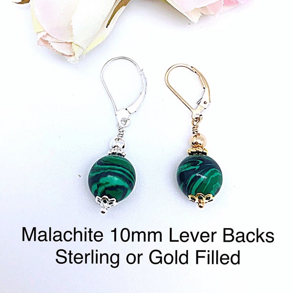 Malachite Round Dangle Leverback Earrings in Sterling or Gold Filled, Protection Stone Earrings, Malachite Dangles, Round Malachite Earrings