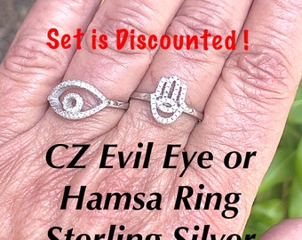 Pave CZ Hamsa Or Evil Eye Sterling Rings, Dainty Hamsa CZ Sterling Ring, Petite CZ Evil Eye Sterling Ring, Set Sterling Protection Rings