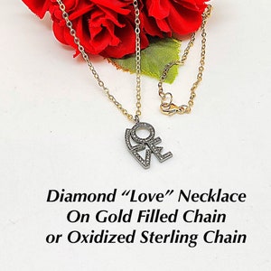 Diamond “Love” Necklace Gold or Oxidized Sterling, Romantic Diamond Gifts, Diamond Love Choker, Square Diamond Love Necklace, Wedding Gift