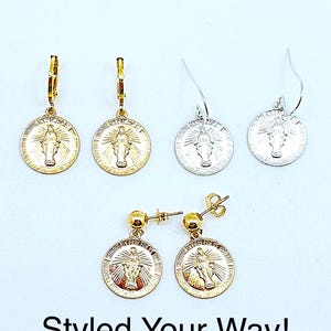 Virgin Mary Earrings 14k Gold Fill & Sterling Silver, Religious Earring, Virgin Mary Hoops, Virgin Mary Dangle Studs, Catholic Medallions