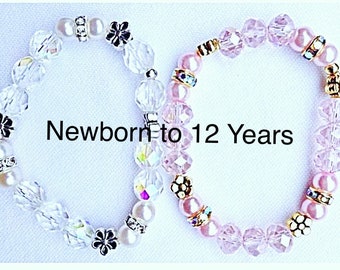 Childs Crystal & Pink o White Pearl Bracelet, Pink Pearl Baby Bracelet, Flower Girl Bracelet, Genuine White Pearl Girls Bracelet