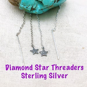 Pendientes de ley Diamond Star Threader, pendientes Diamond Star Dangle Threader, pendientes Diamond Star Sterling Threader, estrellas de diamantes
