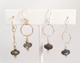Labradorite Dangle Eternity Earrings, Gold Filled Labradorite Hoops, Sterling Labradorite Hoop Earrings, Dainty Hoop Labradorite Earrings