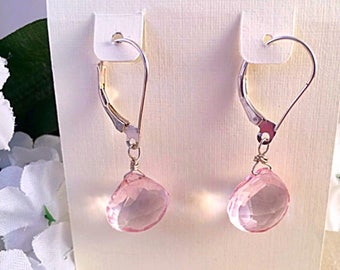 Rose Quartz Dangle Earring, Pale Pink Briolette Earring, Rose Quartz Lever Back Earring, Pale Pink Dangle Earring Yellow Gold Lever Back