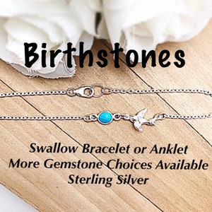Birthstone Flying Swallow Sterling Bracelet, Flying Bird Birthstone Bracelet, Sterling Swallow Gemstone Anklet, Sterling Swallow Bracelet