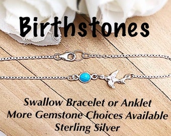 Birthstone Flying Swallow Sterling Bracelet, Flying Bird Birthstone Bracelet, Sterling Swallow Gemstone Anklet, Sterling Swallow Bracelet