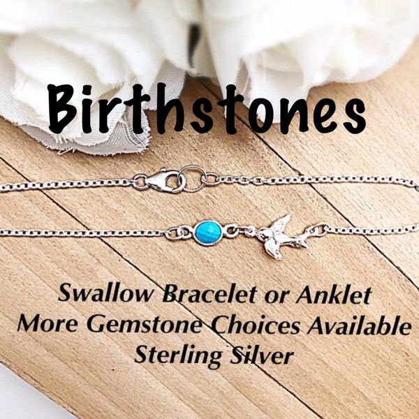 Birthstone Flying Swallow Sterling Bracelet, Flying Bird Birthstone Bracelet, Sterling Swallow Gemstone Anklet, Sterling Swallow Bracelet