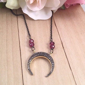 Ruby & Black Spinel Small Crescent Necklace, Black Spinel Crescent Moon, Crescent Necklace in Rhodolite Garnet Black Spinel