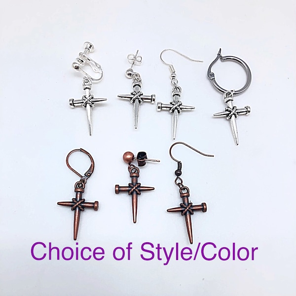 Nail Cross Dangle Earrings in Silver Pairs or Singles, Dangle Cross Earrings, Men’s Nail Cross Dangle Earrings, Nail Cross Dangle Earrings