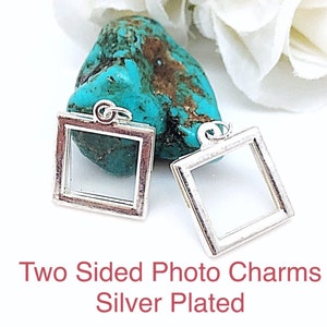 Silver Picture Frame Charm or Pendant, Double Sided Photo Frame Charm, 5/8&quot; Square Silver Picture Charm for Bracelet, Necklace and Earrings