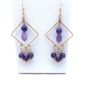 African Amethyst Gold Fill Long Dangle Boho Earrings, Fun & Flirty Amethyst Earrings, February Birthstone Earrings, Casual Amethyst Earring