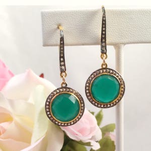 Pave Round Emerald Green Onyx Earrings on Diamond Ear Wires, Round Emerald Green Onyx Earrings, Pave Green Onyx Earrings, Necklace Too!
