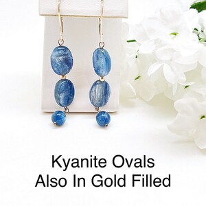 Kyanite Oval Long Dangle Earring, Oval Kyanite Dangle Earring, Kyanite Oval Tier Earring, Dark Blue Kyanite, One Oval Kyanite Earring