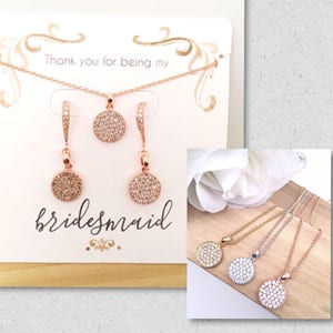 Bridesmaid Pave Earring Disc & Necklace Set, Rose Gold, Yellow Gold, and Rhodium White Gold Pave Earrings Necklace Set, Bridal Party Set