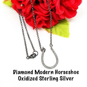Diamond Horseshoe Oxidized Sterling Silver Necklace, Lucky Diamond Horseshoe Choker, Quality Pave Diamond Horseshoe Necklace, Gift For Her