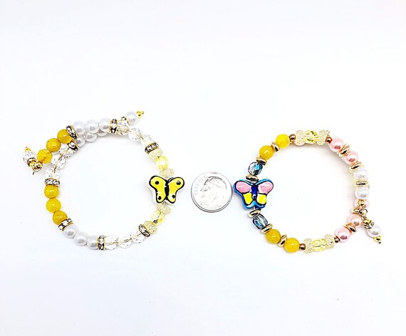 TOFBS Bracciale Donna 2 Pezzi, Set Con Farfalla Cristalli E Perle, Elastici E Regolabili, Idea Regalo Elegante
