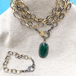 Diamond Clasp Paperclip Necklace/Bracelet Chain of Gold Oxidized Links and Green Onyx Pendant, Oxidized & Gold Paperclip Chain Diamond Clasp