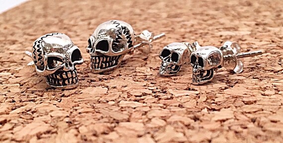 Human Skull Head Sterling Stud Earrings, Sterling Silver Skull