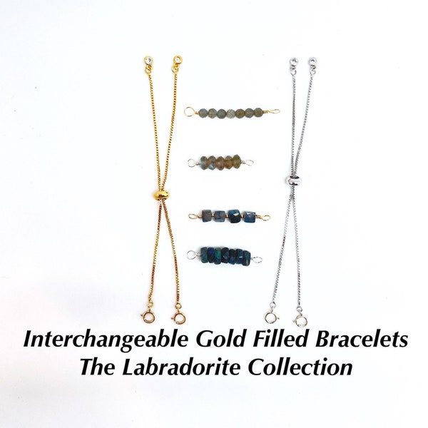 Verwisselbare Labradoriet Bolo Box Chain-armbanden in wit of geel goud gevuld, verwisselbare verstelbare Labradoriet Pull-armbanden