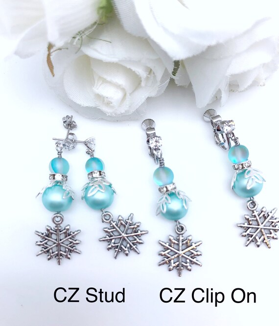 Childs Elsa anna Style Aqua CZ Clip on or Stud Earring Elsa