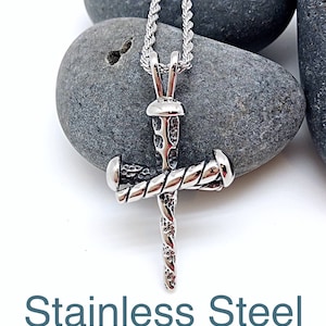 Men&#39;s Large Triple Nail Cross on Rope Chain in Stainless Steel, 3 D Triple Nail Cross Necklace, Men&#39;s Rugged Large Nail Cross Necklace