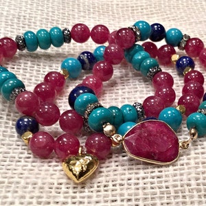 Turquoise and Ruby Heart Stretchy in Gold or Silver, Puffy Heart Ruby Stretch Bracelet, Lapis and Ruby Heart Stretch Sparkle Bracelet Styles