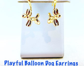 Playful Gold Balloon DOG Dangle Earrings, Dog Lover Earrings, Gold Pet Jewelry, Kitschy Balloon Dog Dangles, Poodle Dog Earrings, Dog Mom