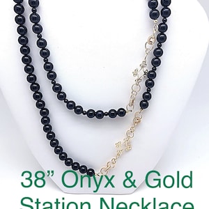 Black Onyx and Gold Station 38&quot; Necklace, Updated Onyx and Gold Long Layering Necklace, Black Round Onyx & Gold Station Toggle Necklace