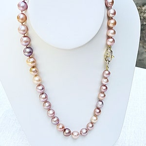 Edison 10-11mm Pink/Purple Round Pearl Necklace Gold Filled CZ Clasp, Stunning Edison Pearls Shades of Pinks Necklace, Luxury Edison Pearls