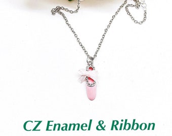 CZ Pink Enamel Bow Ballet Slipper Necklace, Girls Pink 3-D Ballet Slipper Necklace, Ballet Recital Necklace Gift, Ballet Teacher Choker