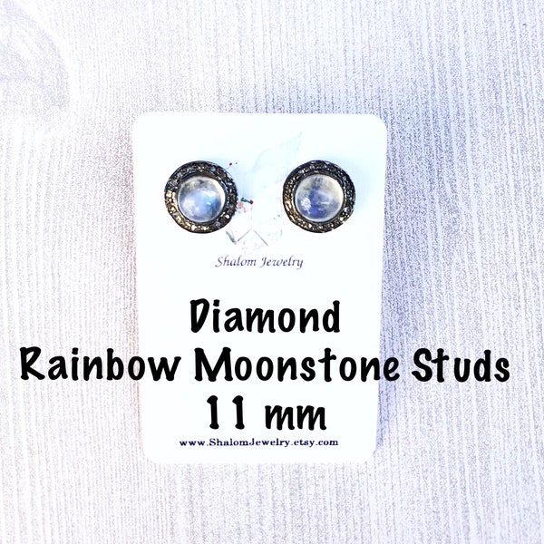 Diamond Rainbow Moonstone 11mm Round Studs, Rainbow Moonstone Diamond Studs, Pave Cabochon Rainbow Moonstone Studs, Pave Rainbow Moonstone
