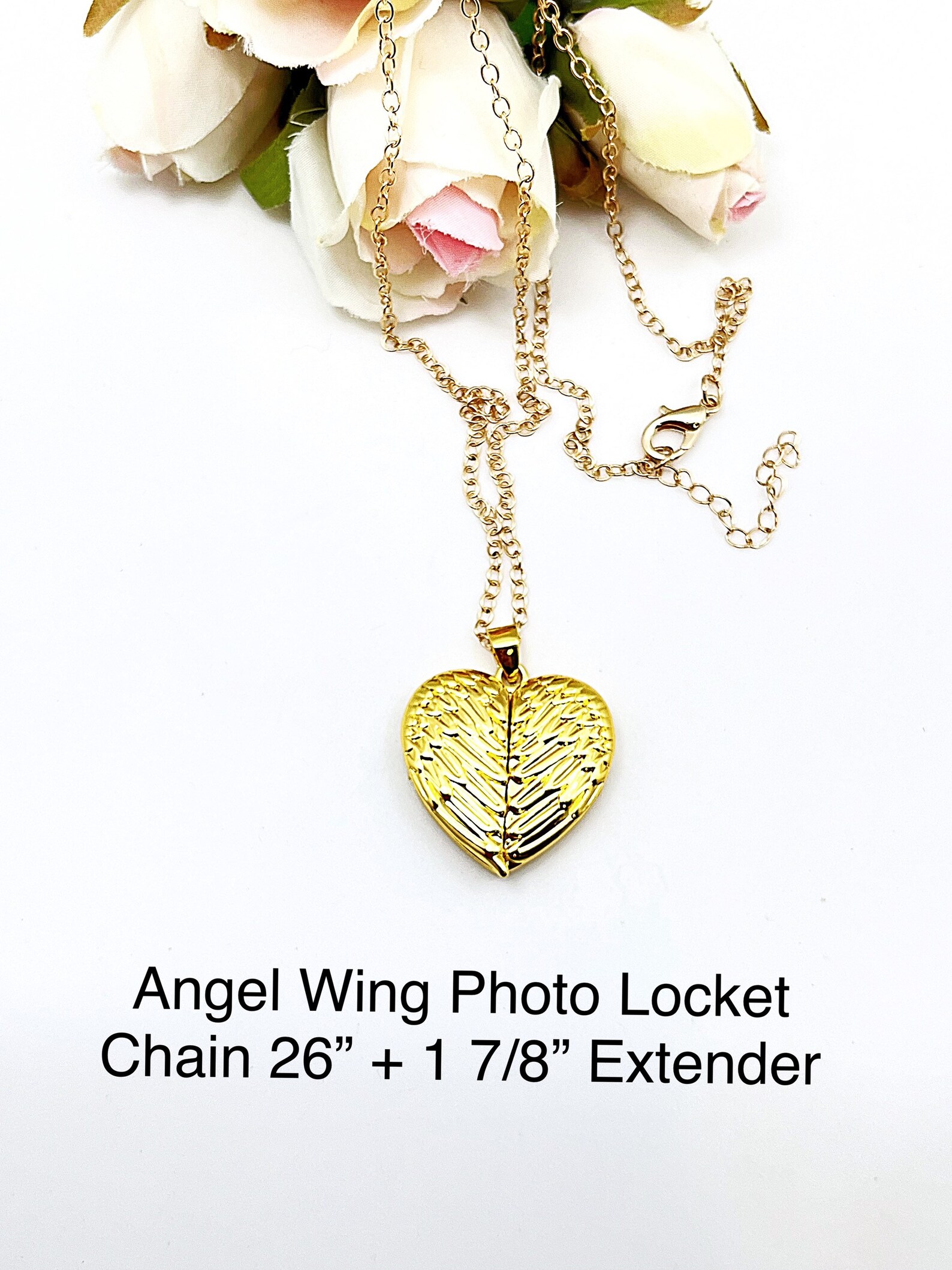 Gold Angel Wings One Photo Locket Necklace, 26” Gold Angel Wings Memory ...
