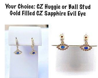 Sapphire CZ Evil Eye Stud or Huggie Styles in Gold Fill, Tiny CZ Evil Eye Gold Dangles, Sapphire/Clear CZ Evil Eye Studs, Evil Eye Huggie