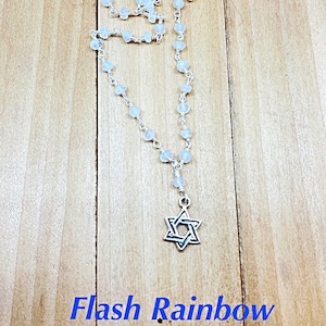 Small Star of David Necklace on Rainbow Moonstone or Pearl Chain, Child&#39;s Sterling Jewish Star Necklace, Small Sterling Jewish Star Necklace