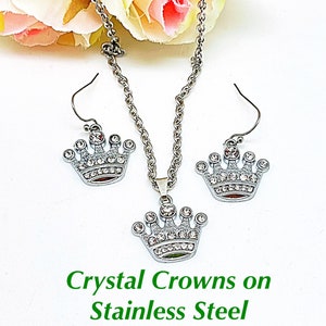 Rhinestone Princess Crown Necklace & Or Earrings Stainless, Princess Party Crown Set, Child Princess Crown Earrings/Necklace, Crystal Crowns