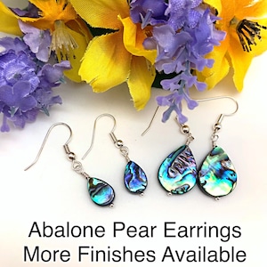 Abalone Pear Dangle Earrings in Many Hook Finishes, Small Abalone Pear Dangles, Beachy Earrings, Colorful Abalone Earrings, Abalone Clip Ons